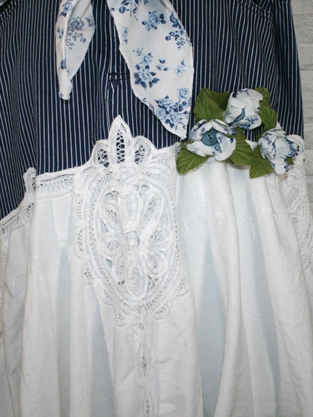 HAND CRAFTED Skirt Denim Jean Upcycled Pinstripe Floral White Fall Plus Size 18 - Picture 3 of 16